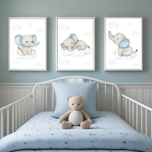 Quadro Infantil de Elefante para Quarto Bebê com Vidro 33x43
