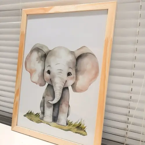 Quadro Infantil Decorativo Elefante Peça Única Moldura 33x43