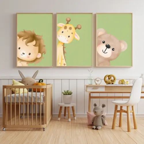 Quadro Infantil Decorativo Safari com Fundo Verde com Vidro