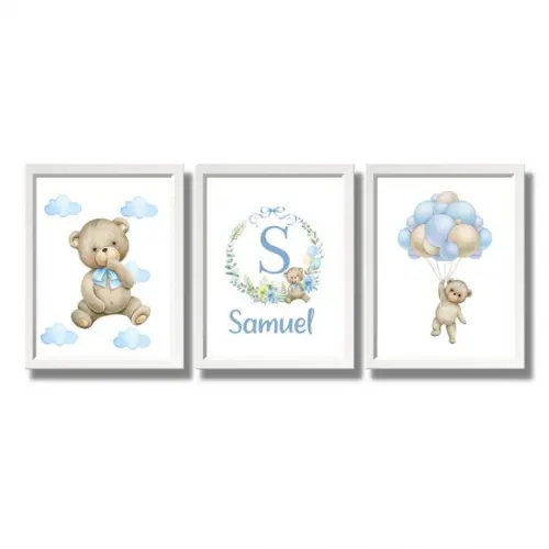 Quadro Infantil Decorativo Trio Azul Urso Balão Nome 33x43