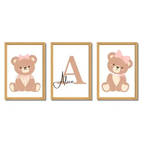 Quadro Infantil Delicado para Menina Personalizado Ursa Rosa