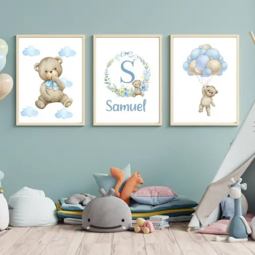 Quadro Infantil Decorativo Trio Azul Urso Balão Nome 33x43