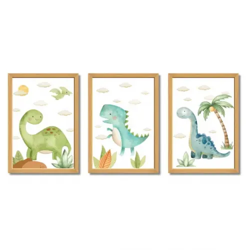 Quadro Infantil Dinossauro | Moldura Madeira e Vidro 33x43cm