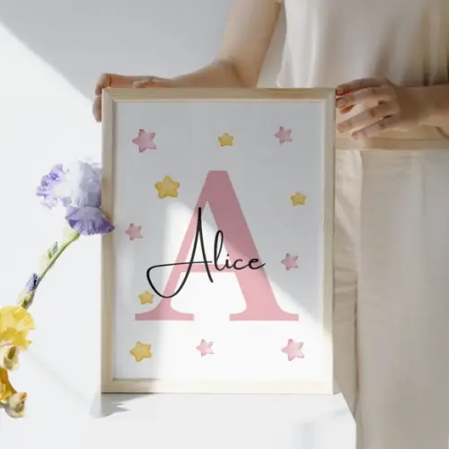 Quadro Infantil Feminino com Nome Ursa Rosa Moldura e Vidro