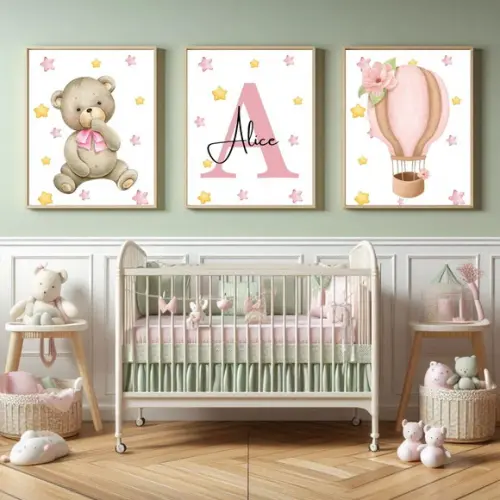 Quadro Infantil Feminino com Nome Ursa Rosa Moldura e Vidro