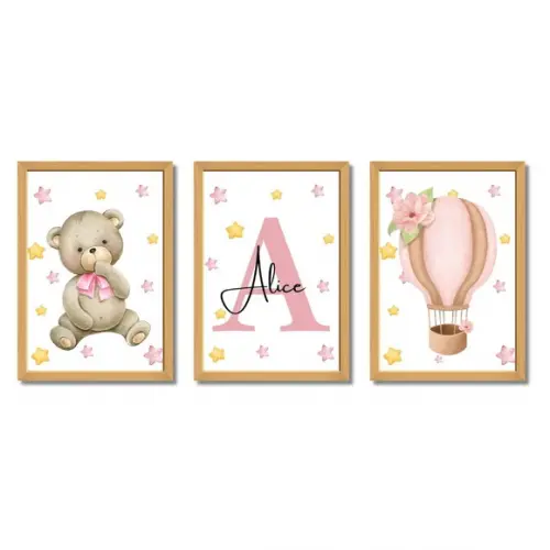 Quadro Infantil Feminino com Nome Ursa Rosa Moldura e Vidro