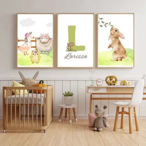 Quadro Infantil Feminino Fazendinha com Nome 33x43 com Vidro