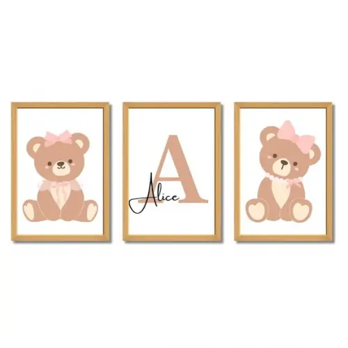 Quadro Infantil Feminino Ursa Personalizado Nome do Bebê