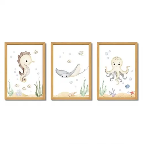 Quadro Infantil Fundo do Mar Aquarela Moldura com Vidro