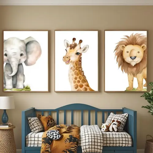 Quadro Infantil Girafa Leão Elefante Moldura com Vidro