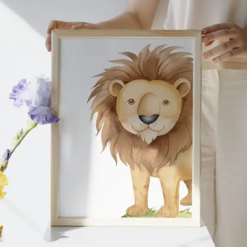 Quadro Infantil Girafa Leão Elefante Moldura com Vidro