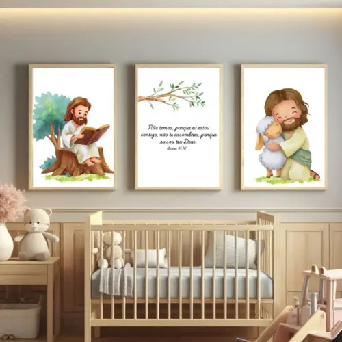 Quadro Infantil Jesus Ovelhinha Versículos Moldura e Vidro