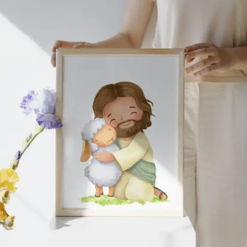 Quadro Infantil Jesus Ovelhinha Versículos Moldura e Vidro