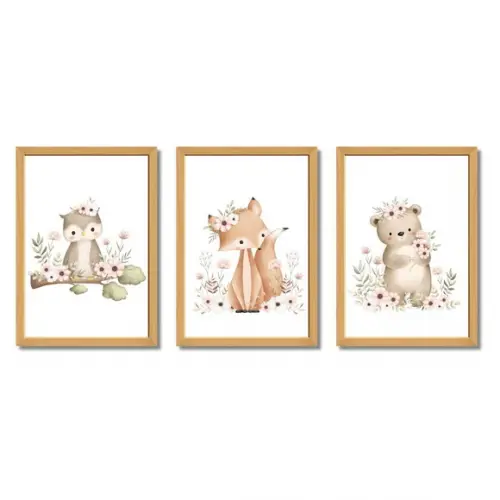 Quadro Infantil Menina Animais da Floresta Coruja com Vidro