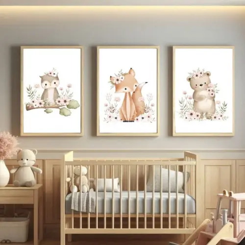 Quadro Infantil Menina Animais da Floresta Coruja com Vidro