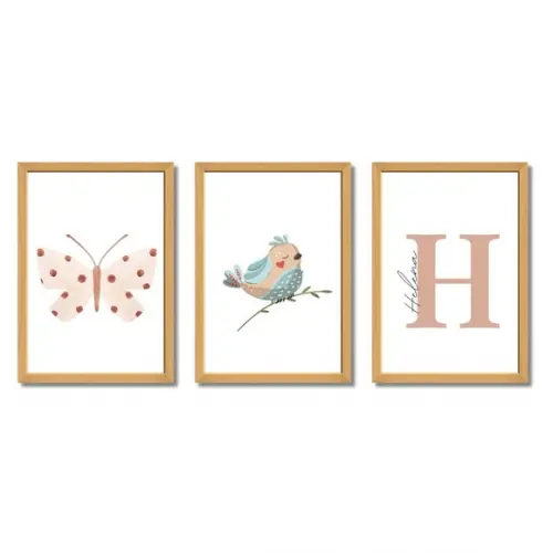Quadro Infantil Menina Borboleta Pássaro | Proteção em Vidro