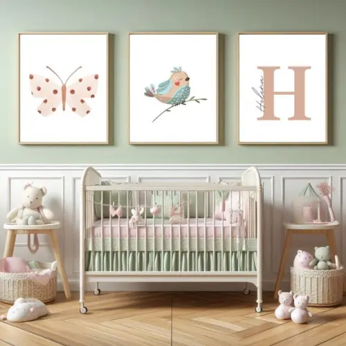 Quadro Infantil Menina Borboleta Pássaro | Proteção em Vidro