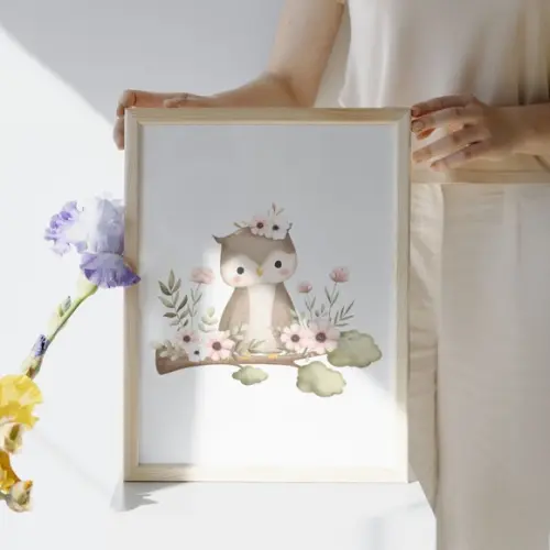 Quadro Infantil Menina Animais da Floresta Coruja com Vidro