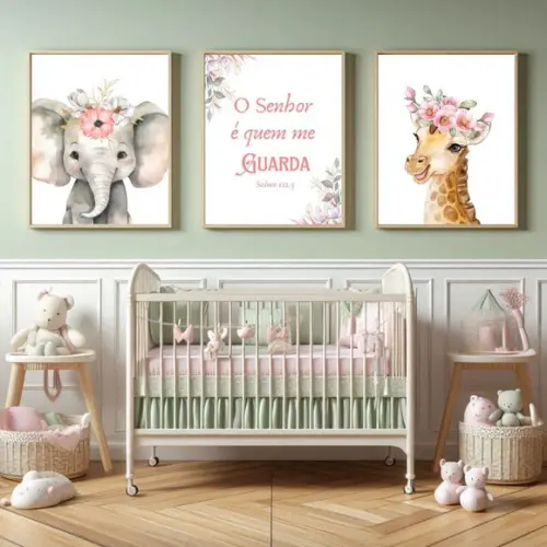 Quadro Infantil Menina Frase Bíblica Safari Moldura e Vidro