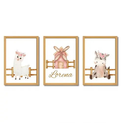 Quadro Infantil Menina com Proteção em Vidro | Tema Fazenda
