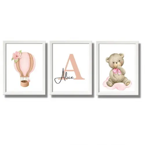 Quadro Infantil Menina Personalizado Ursinha Balão 33x43 cm