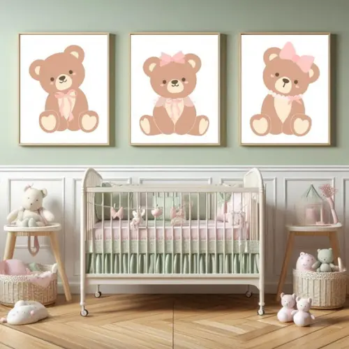 Quadro Infantil Menina Ursa Rosa Quarto de Bebê com Vidro