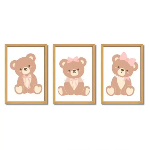 Quadro Infantil Menina Ursa Rosa Quarto de Bebê com Vidro