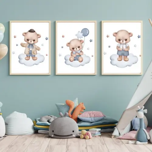 Quadro Infantil para Quarto Aquarela Urso Azul 33x43 C/vidro