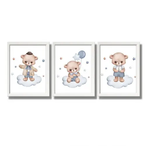 Quadro Infantil para Quarto Aquarela Urso Azul 33x43 C/vidro