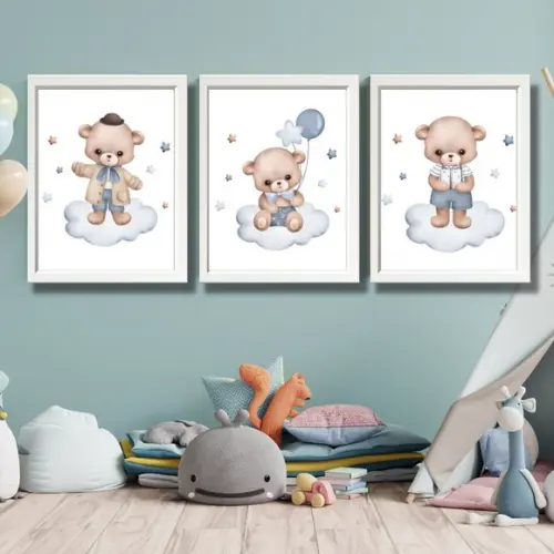 Quadro Infantil para Quarto Aquarela Urso Azul 33x43 C/vidro