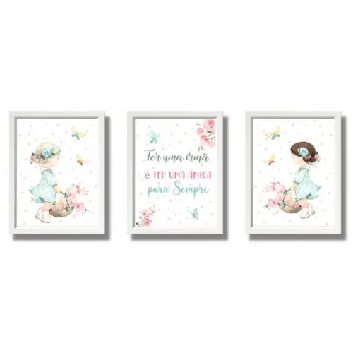 Quadro Infantil para Quarto de Irmãs Menina Aquarela 33x43cm