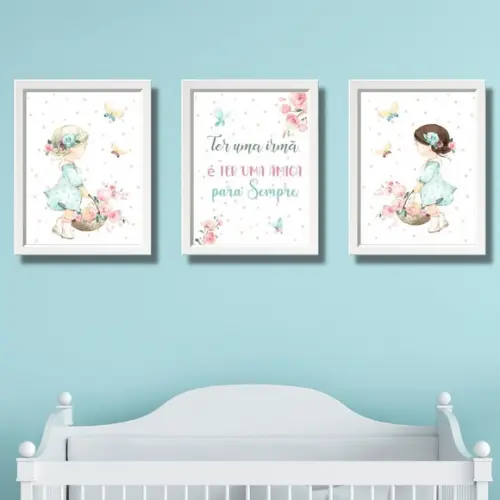 Quadro Infantil para Quarto de Irmãs Menina Aquarela 33x43cm