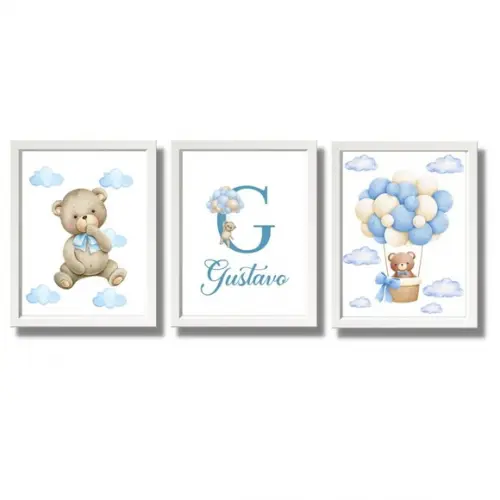Quadro Infantil Personalizado com Nome Urso Balão Azul 33x43