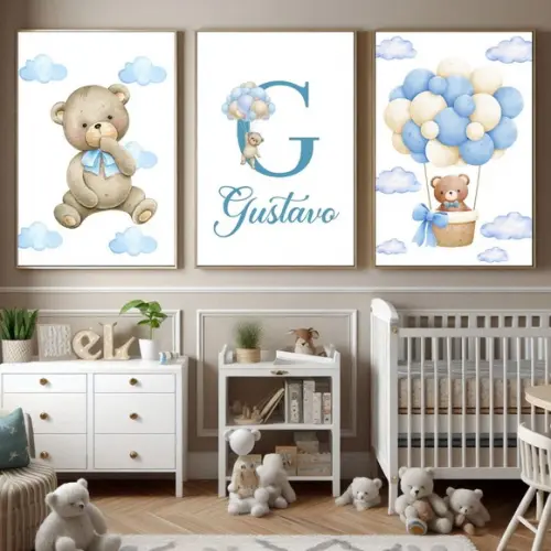 Quadro Infantil Personalizado com Nome Urso Balão Azul 33x43