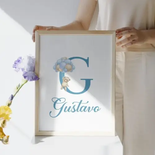 Quadro Infantil Personalizado com Nome Urso Balão Azul 33x43
