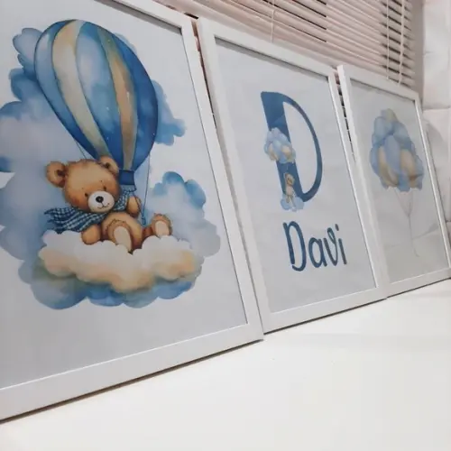 Quadro Infantil Personalizado Urso Azul Balão com Vidro