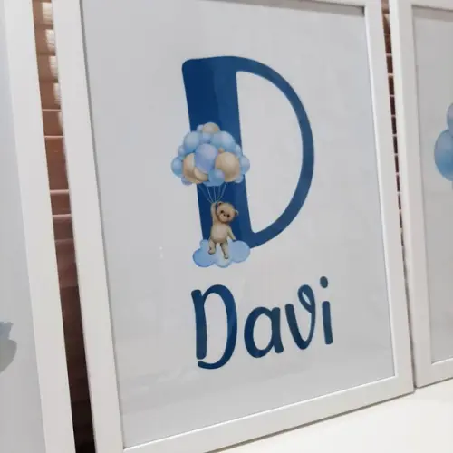 Quadro Infantil Personalizado Urso Azul Balão com Vidro
