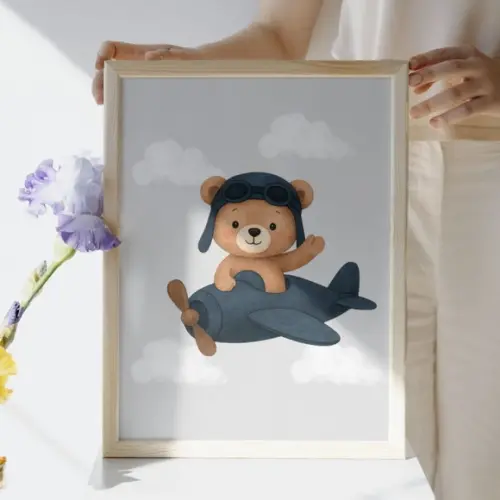 Quadro Infantil Personalizado Urso Aviador Moldura e Vidro