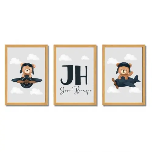 Quadro Infantil Personalizado Urso Aviador Moldura e Vidro