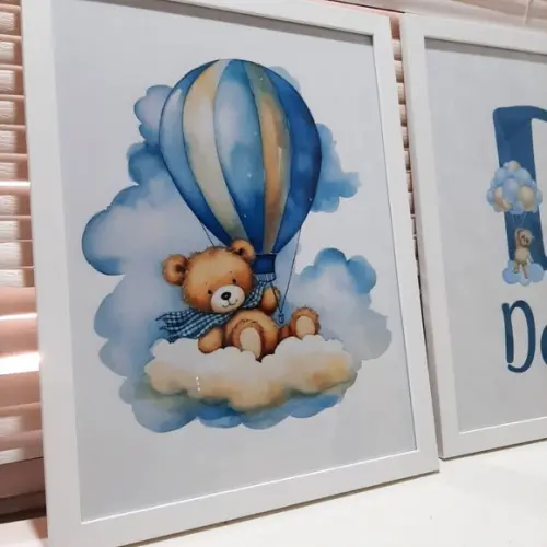Quadro Infantil Personalizado Urso Azul Balão com Vidro
