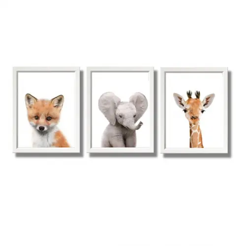Quadro Infantil Quarto de Bebe Raposa Elefante 20x30 C/vidro