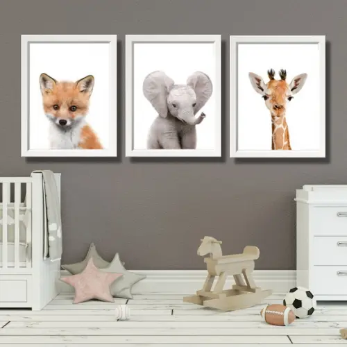 Quadro Infantil Quarto de Bebe Raposa Elefante 20x30 C/vidro