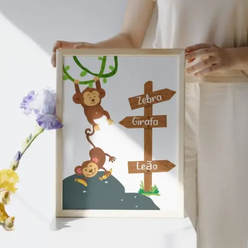 Quadro Infantil Quarto de Criança Safari Moldura com Vidro