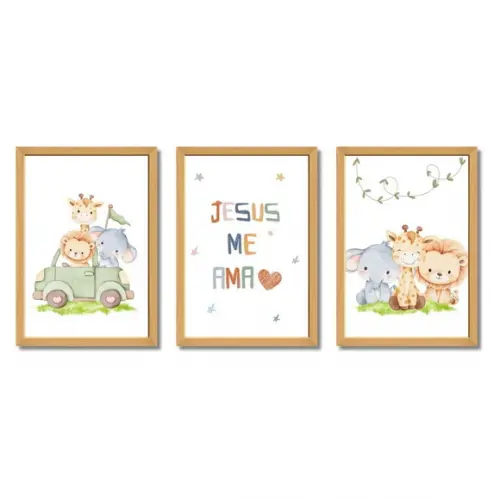 Quadro Infantil Religioso Cristão Safari Moldura com Vidro