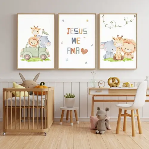 Quadro Infantil Religioso Cristão Safari Moldura com Vidro