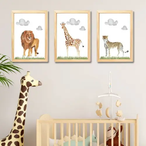 Quadro Infantil Safari Aquarela Girafa Moldura e Vidro 23x33