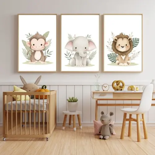 Quadro Infantil Safari com Moldura de Madeira e Vidro