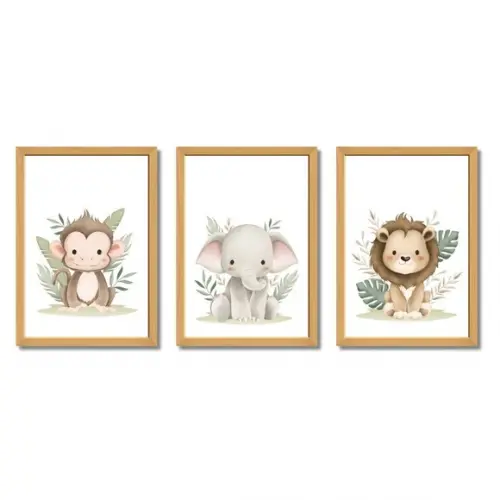 Quadro Infantil Safari com Moldura de Madeira e Vidro