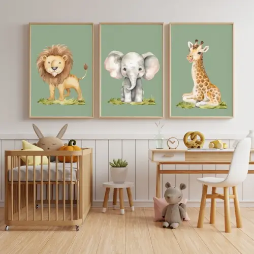 Quadro Infantil Safari Fundo Verde Quarto Menino 33x43 cm