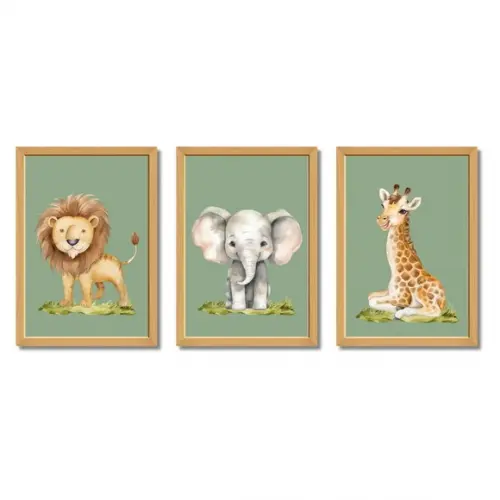 Quadro Infantil Safari Fundo Verde Quarto Menino 33x43 cm